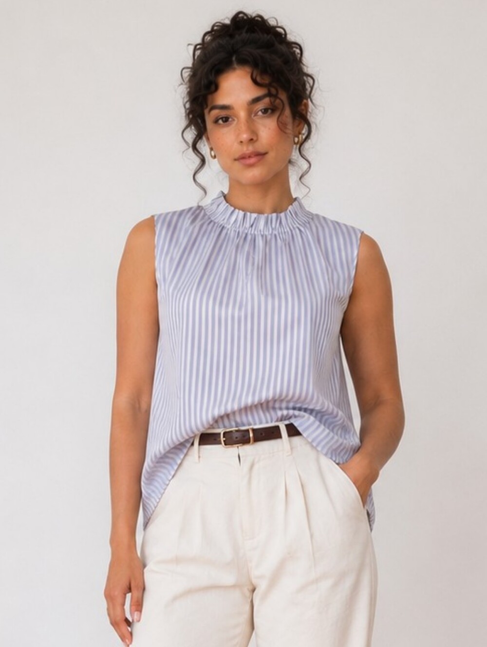 Banana Republic Blue Stripe Pleated Mock Neck Sleeveless Cotton Top NWOT L